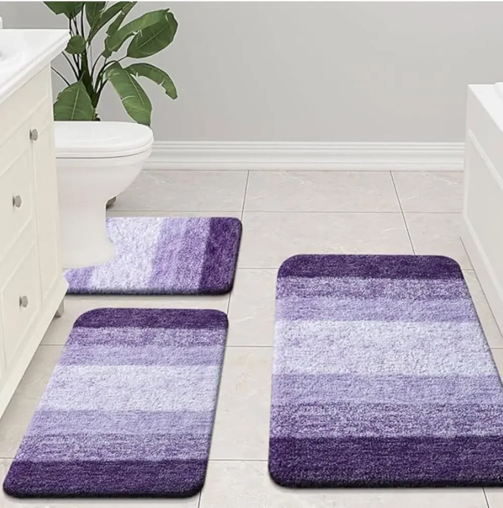 3 Piece Bath Mats, Extra Soft and Absorbent Bathroom Rugs Set - Dark Purple